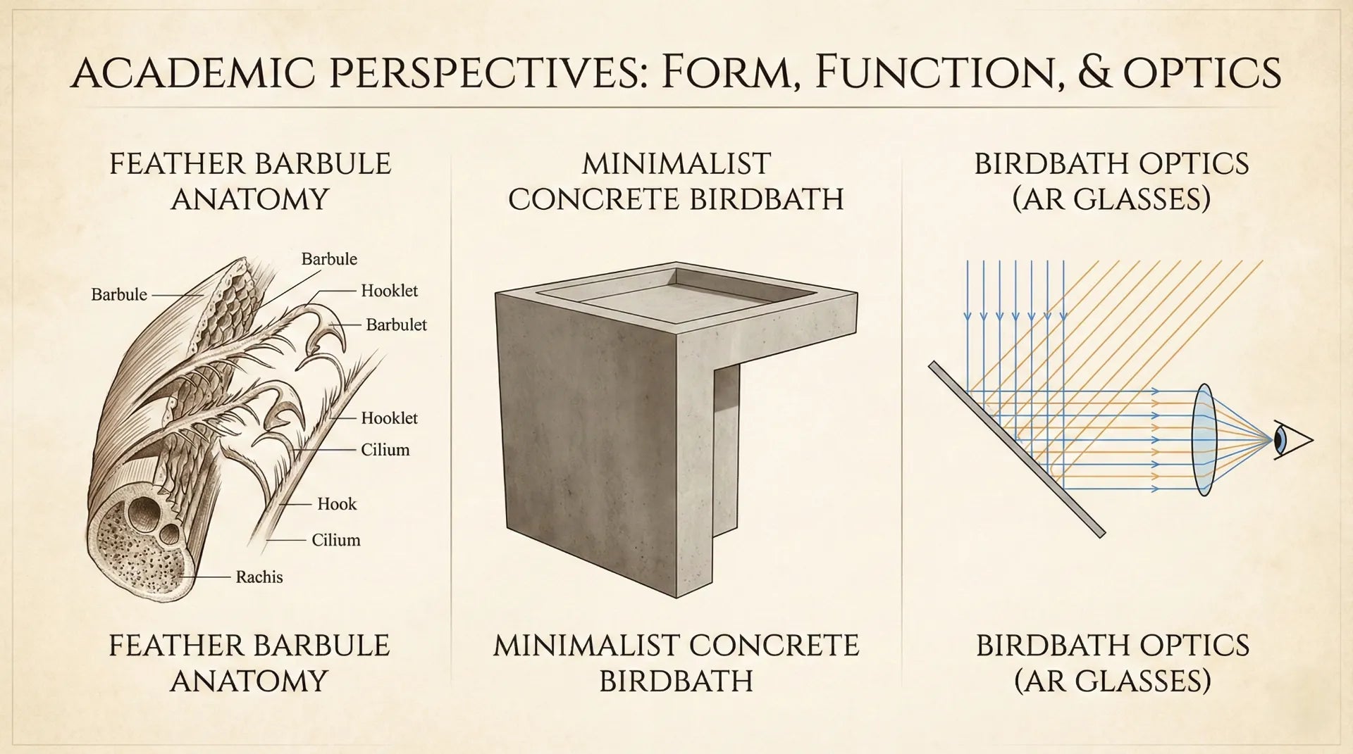 An interdisciplinary diagram showing the evolution of the birdbath from avian ecology to precision AR optical architecture.