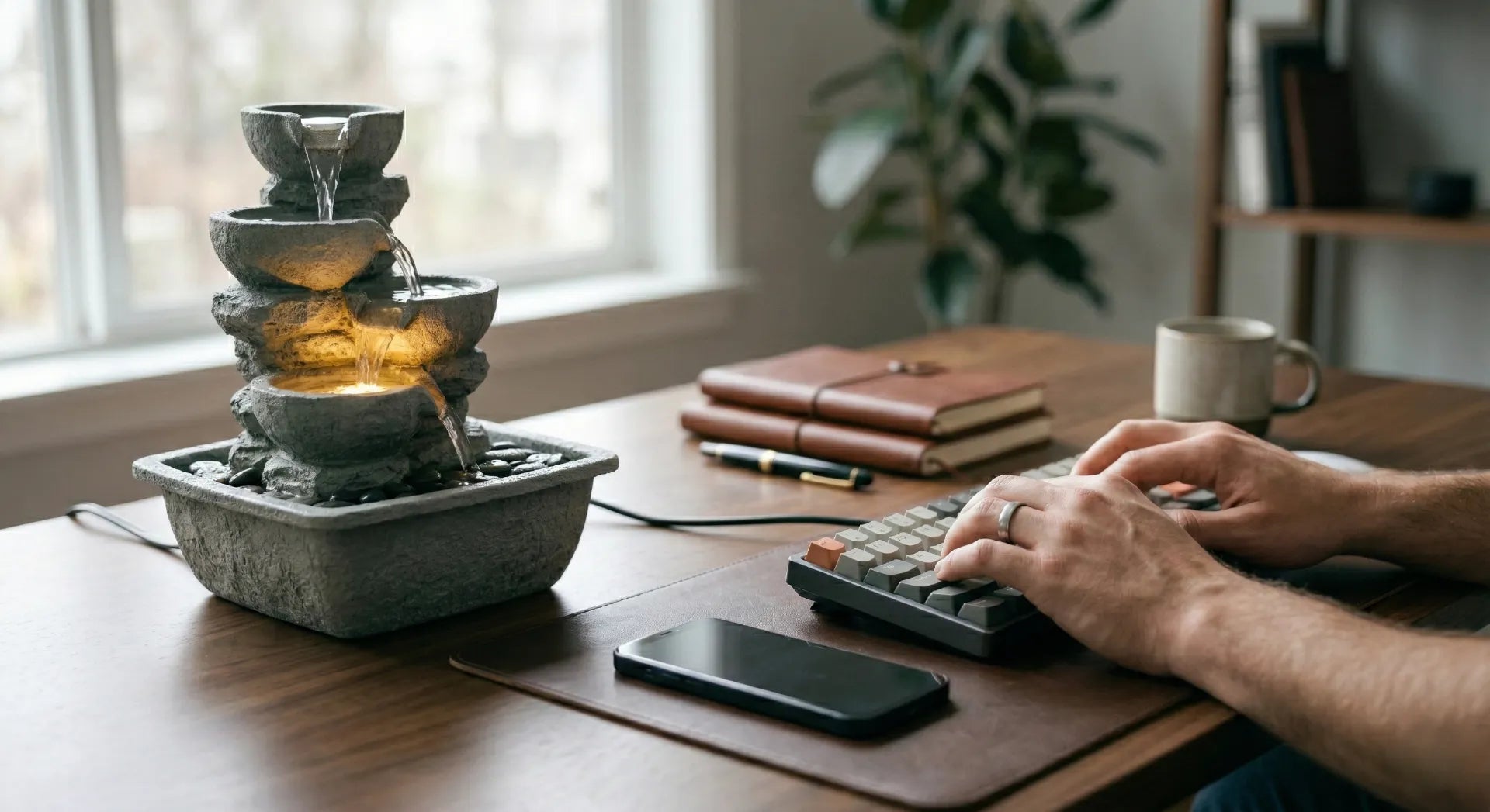 An operating indoor water feature on an executive desk providing a focused mental atmosphere.