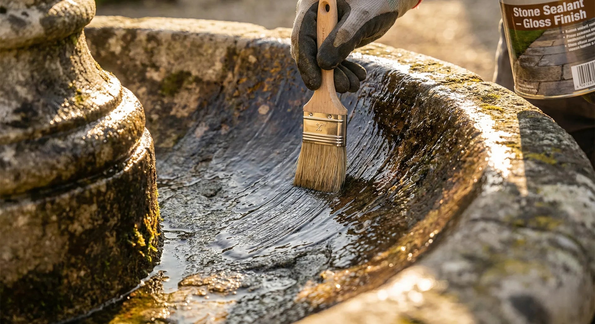 Applying concrete sealer to an outdoor fountain to waterproof it and prevent leaks