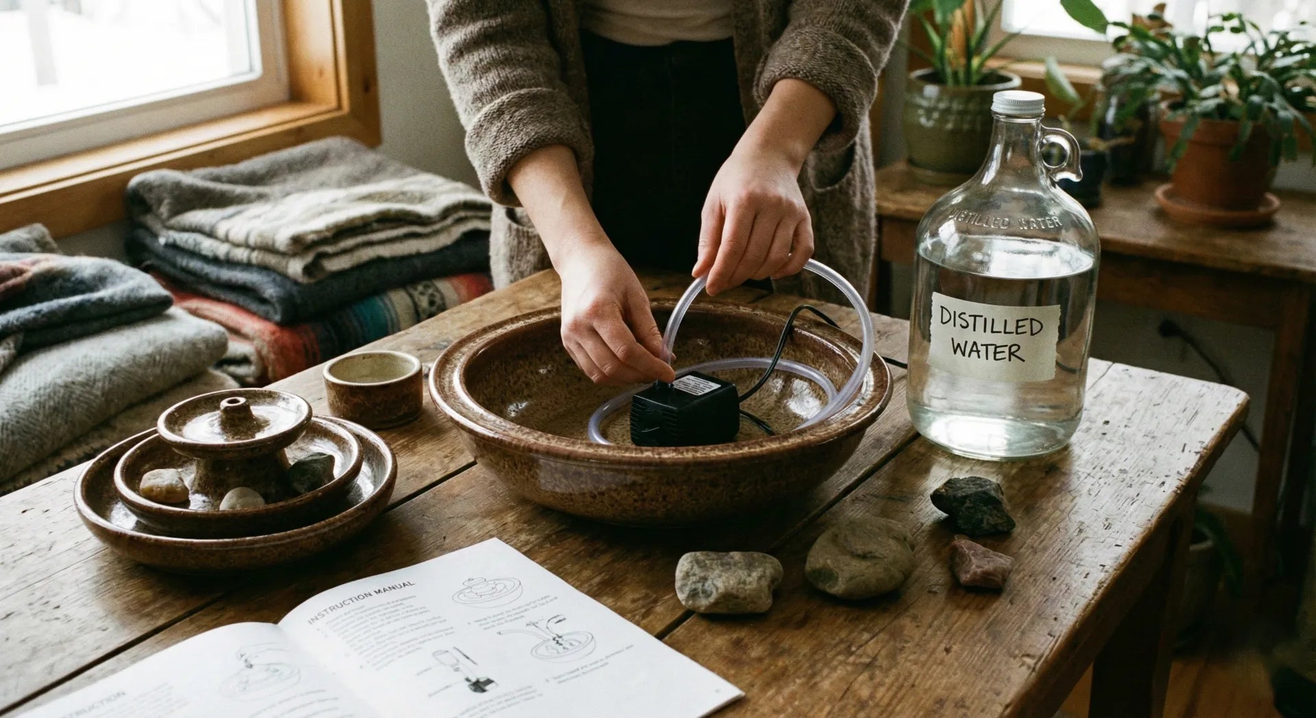 Assembling a tabletop water fountain pump and tubing.