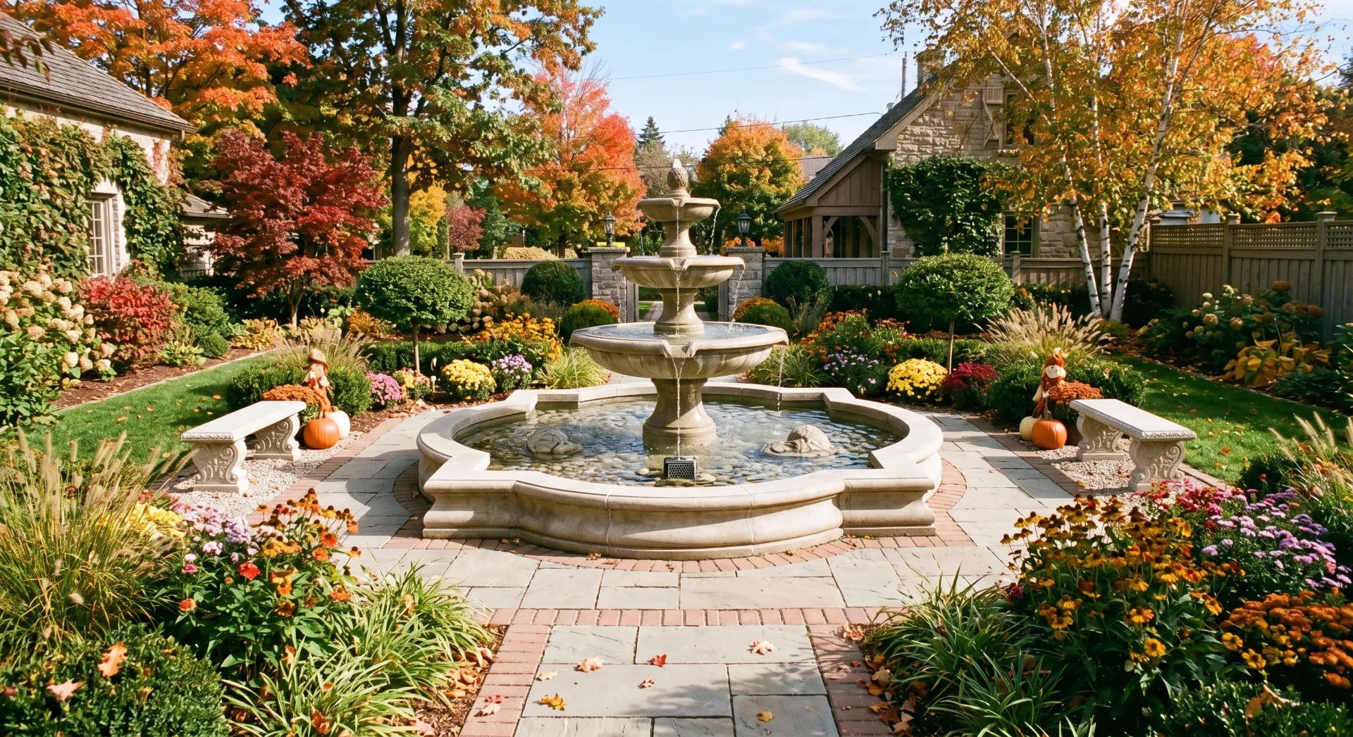 Beautiful and clean outdoor tiered water fountain operating smoothly in a well-maintained landscaped backyard