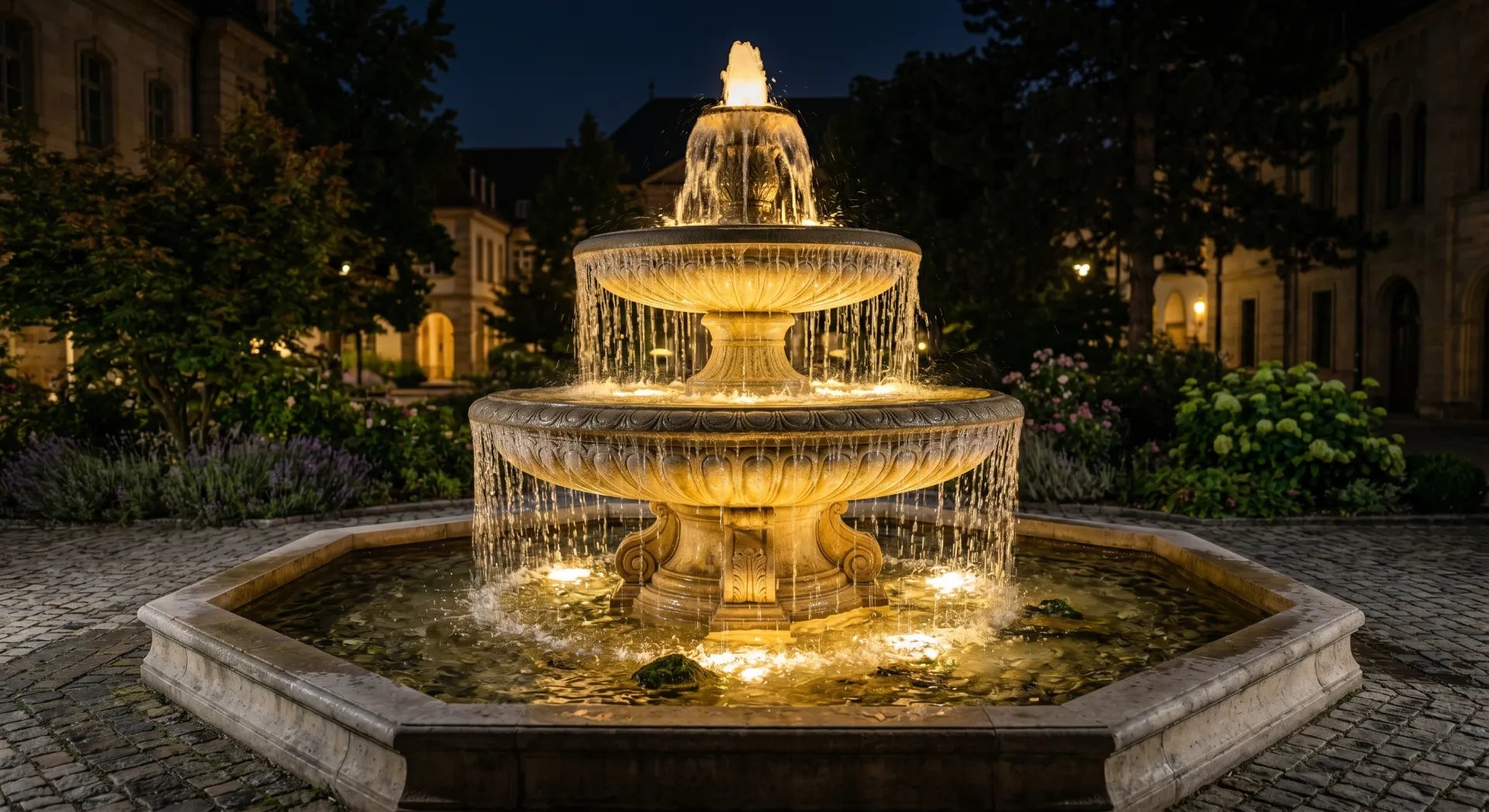 Beautiful outdoor electric fountain running reliably at night with LED lights, showing the advantage over solar fountains