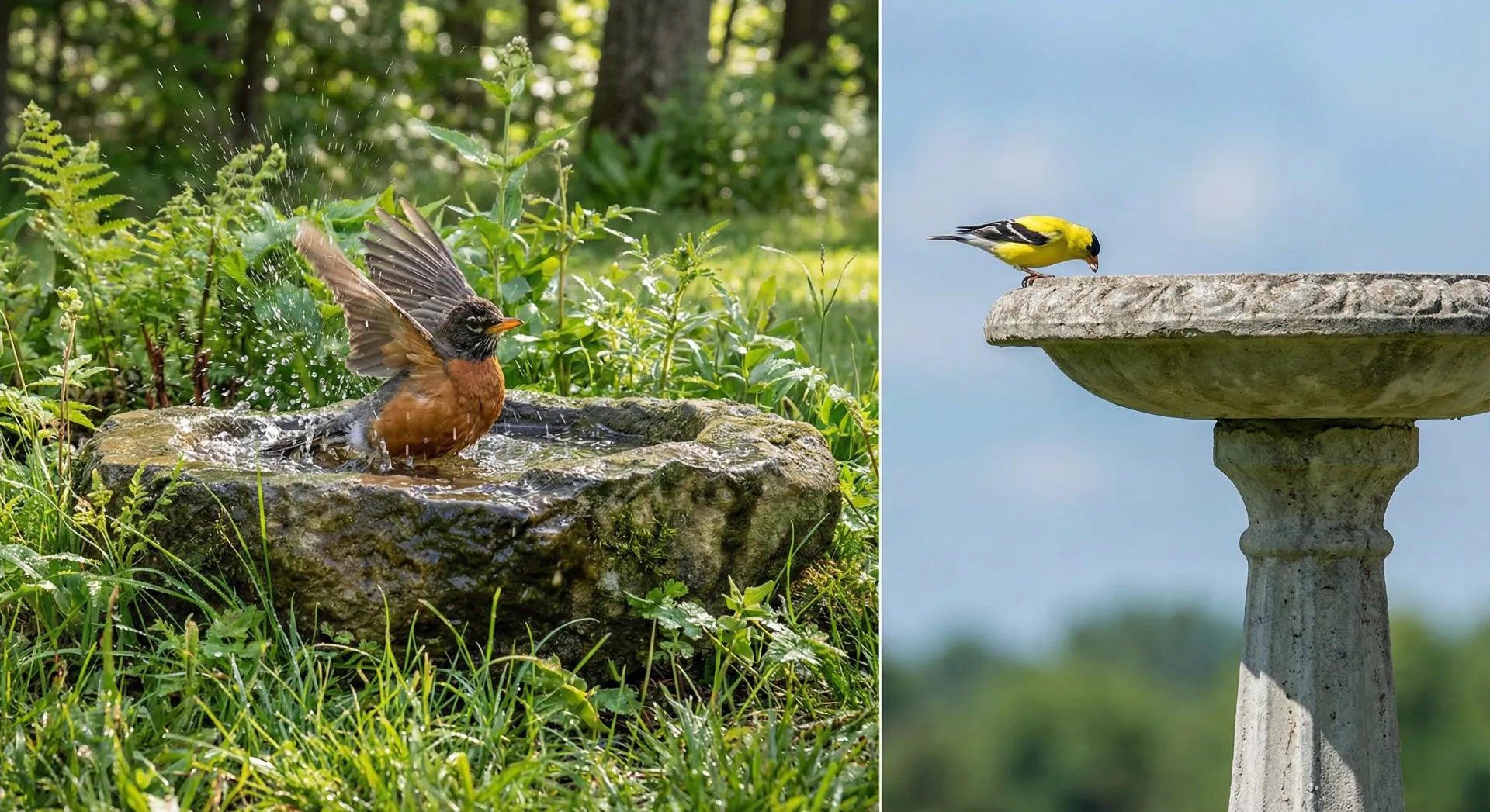 Bird bath height comparison: Robin in ground basin vs Goldfinch on pedestal fountain.