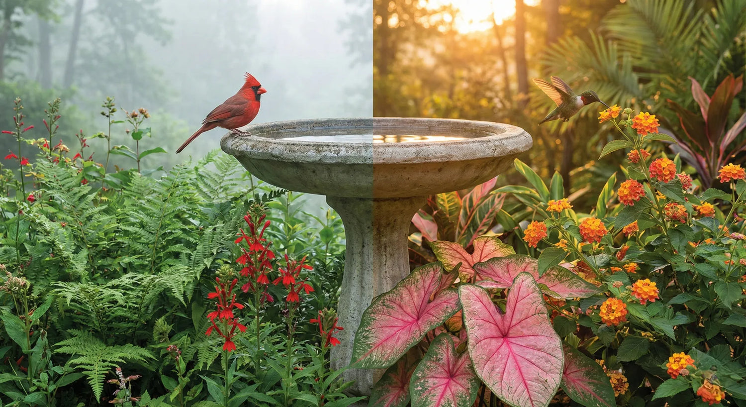 Bird bath landscaping guide comparing North American native plants vs South American tropical flowers