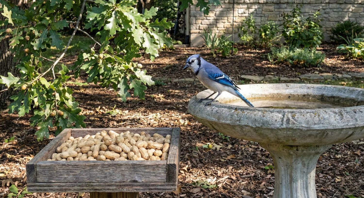 Blue Jay at a concrete bird bath near a peanut platform feeder.