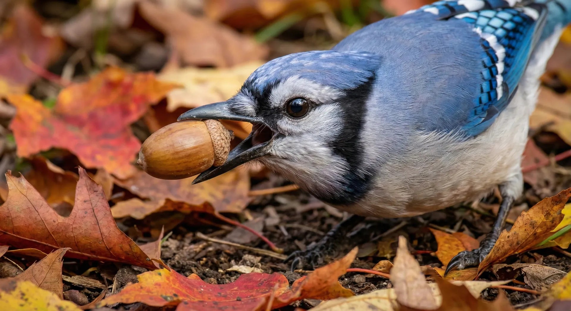 Blue Jay carrying an acorn to plant an Oak tree.