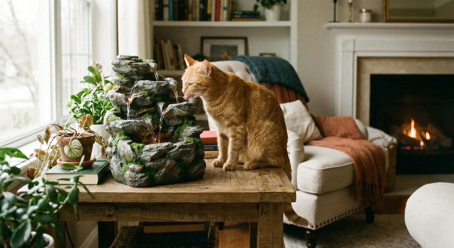 Cat drinking water safely from a decorative polyresin tabletop fountain.