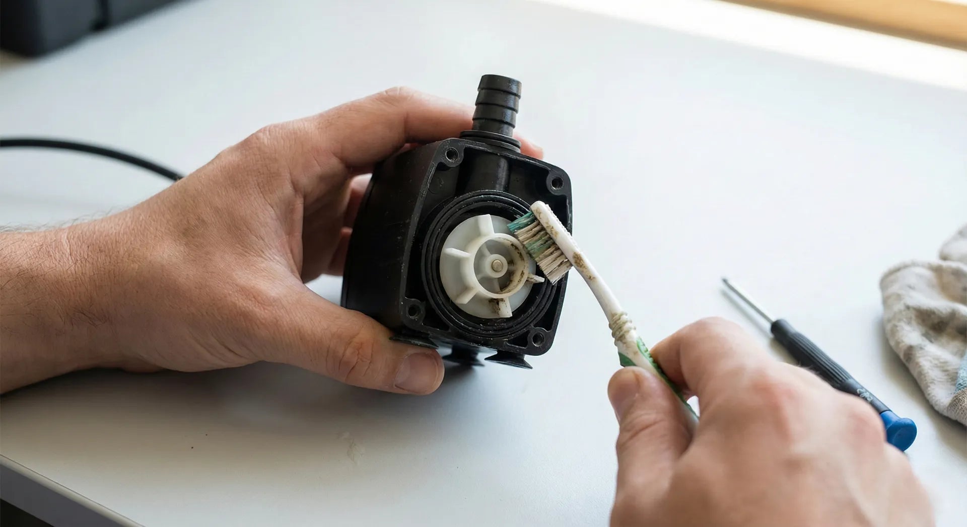 Cleaning the impeller of a tabletop fountain pump with a toothbrush