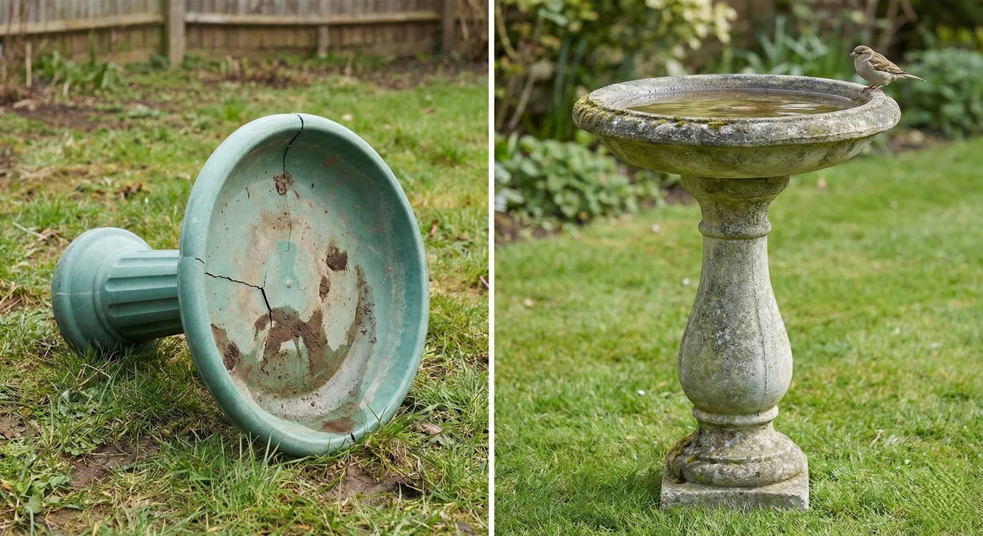 Comparison of a cheap plastic bird bath tipped over on grass versus a sturdy concrete bird bath standing stable