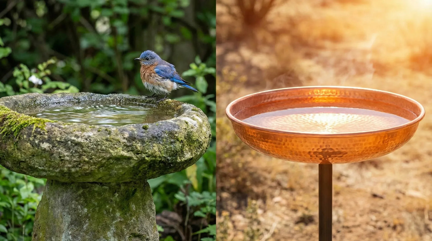 Comparison of a cool stone bird bath with a bluebird versus a hot copper bird bath in direct sunlight