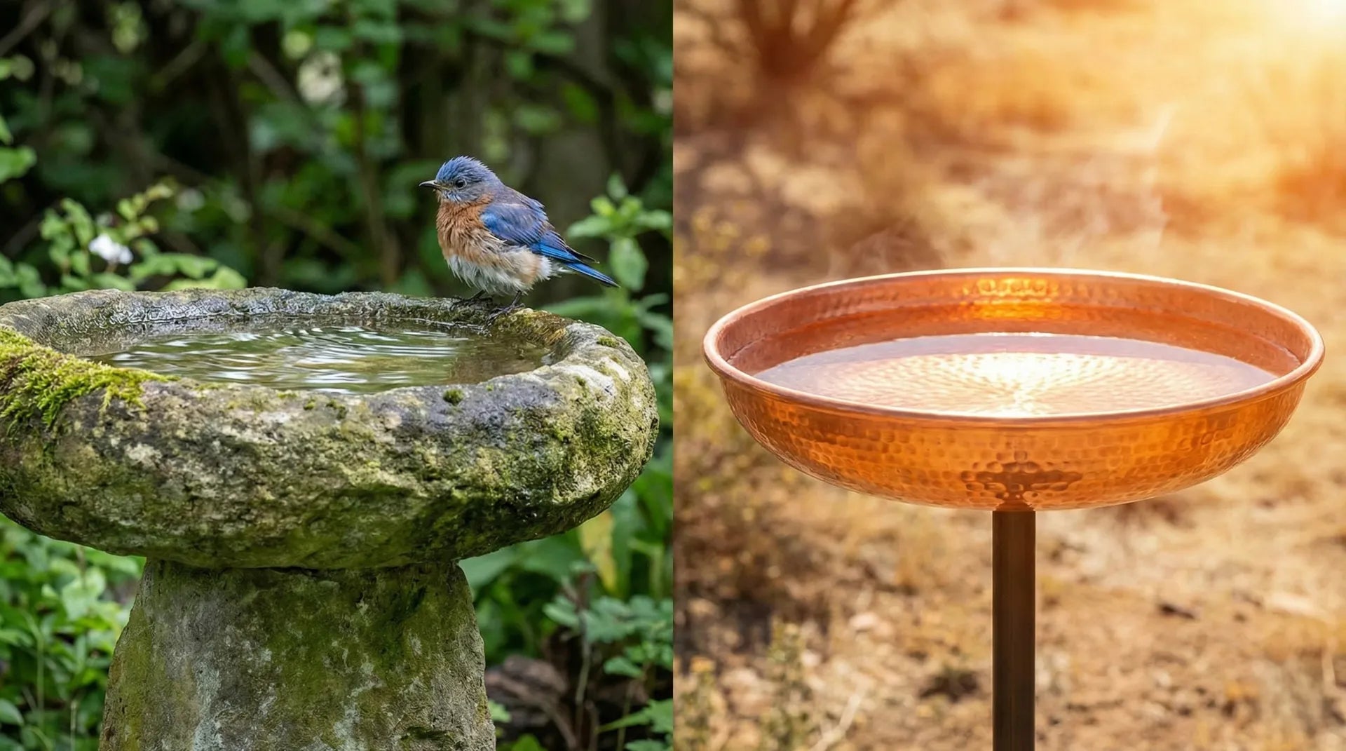 Comparison of a cool stone bird bath with a bluebird versus a hot copper bird bath in direct sunlight