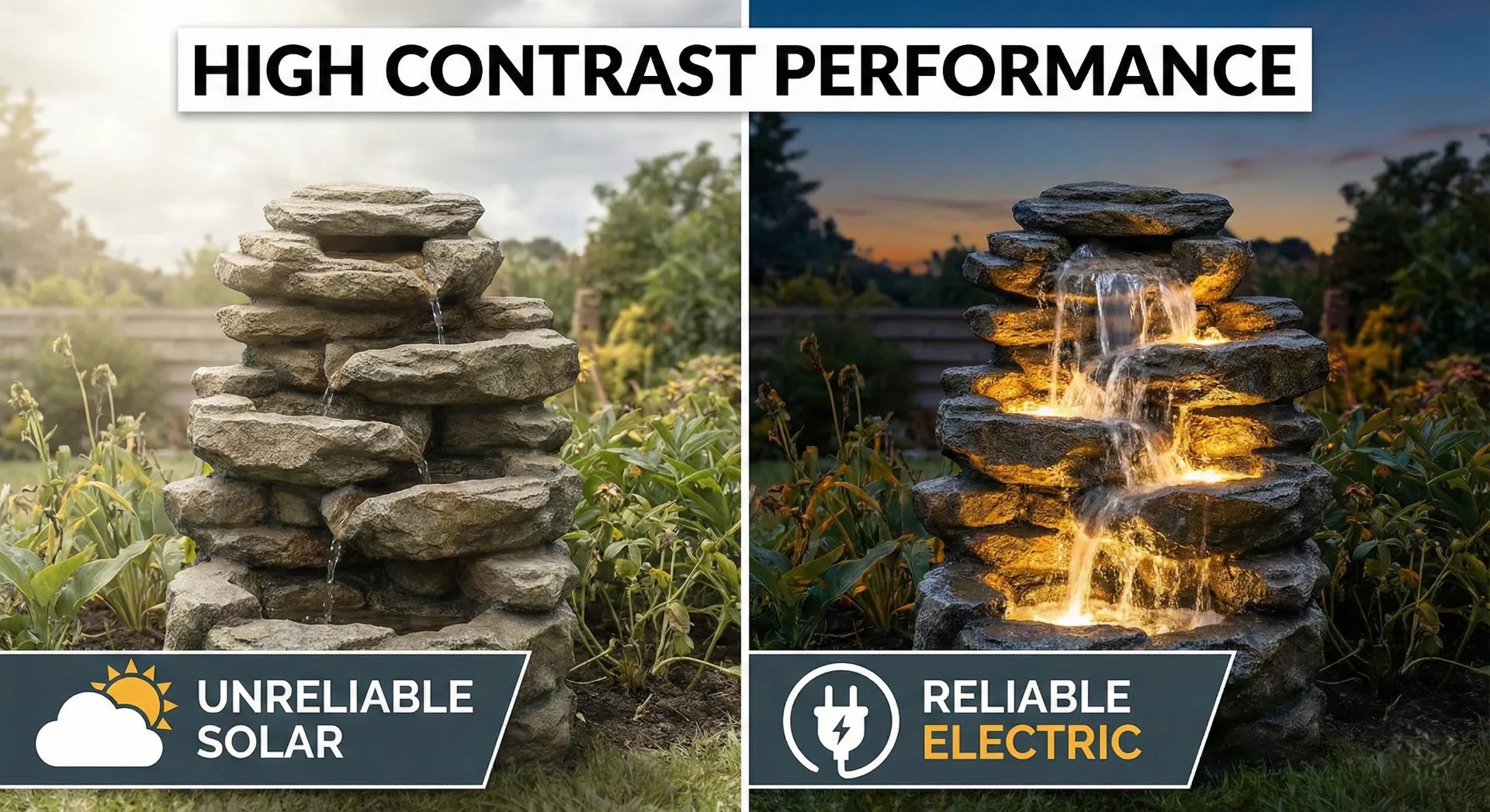 Comparison of solar powered rock fountain flow versus electric rock fountain flow in a garden