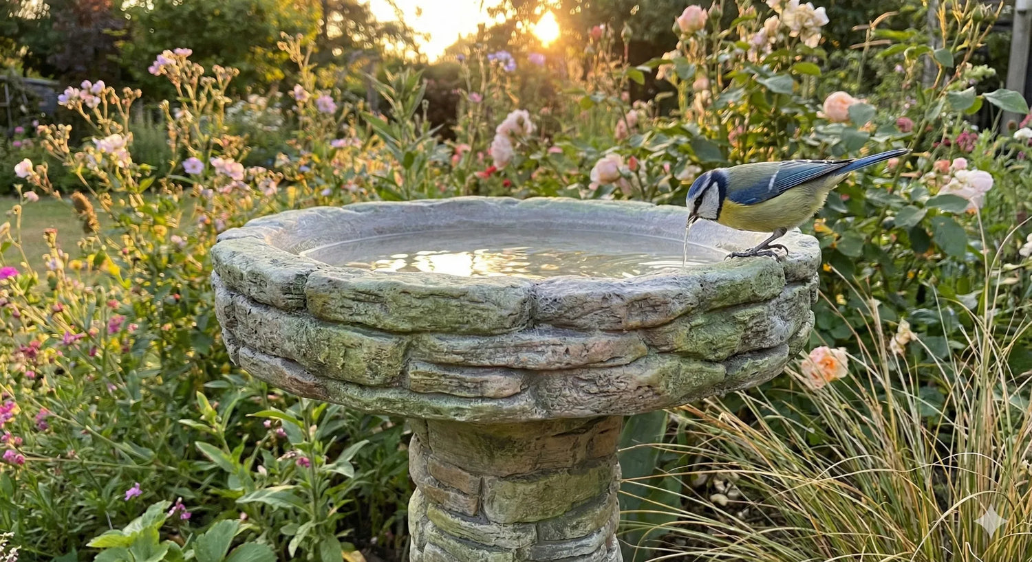 Comparison of unnatural solid paint versus realistic dry-brush faux stone texture on a concrete bird bath