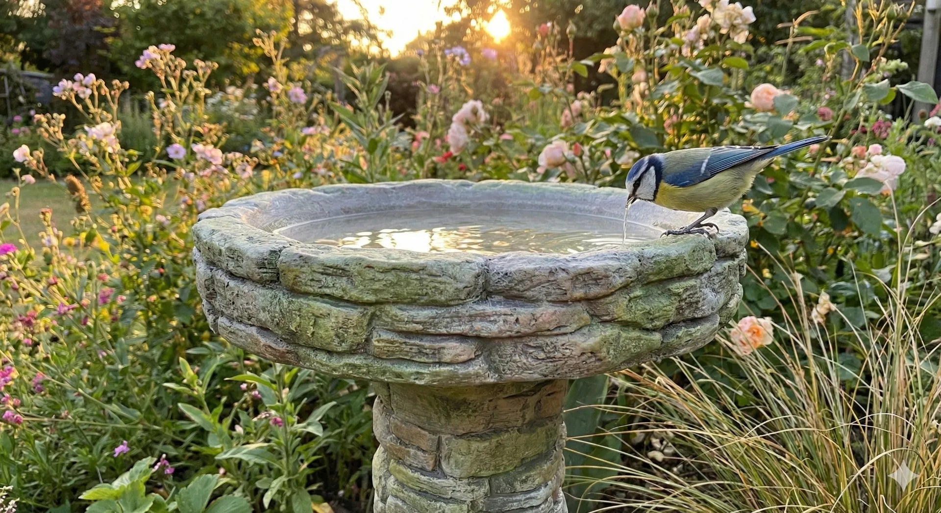 Comparison of unnatural solid paint versus realistic dry-brush faux stone texture on a concrete bird bath