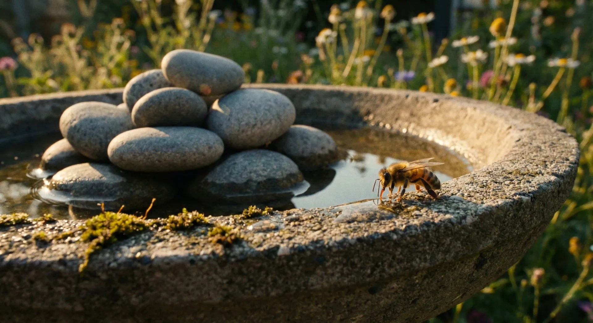 Concrete bird bath with a river stone island to prevent bees from drowning