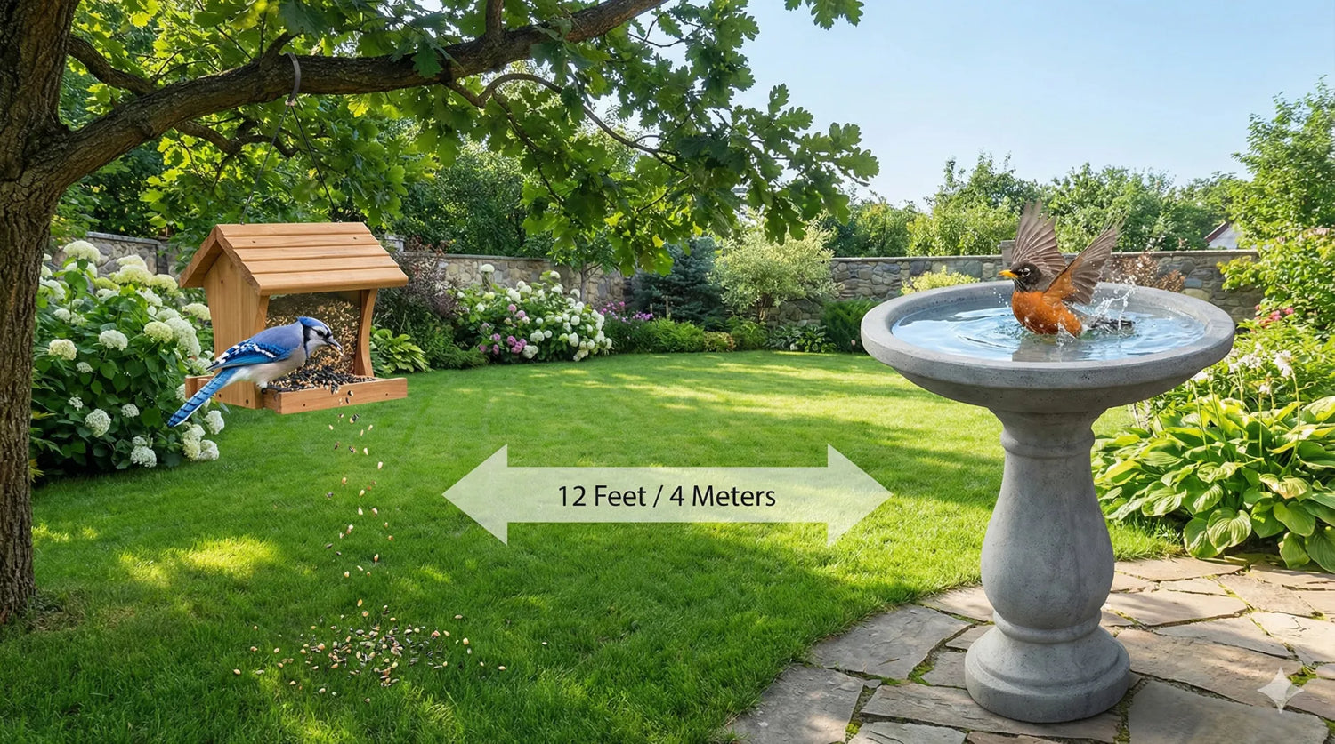 Diagram showing the correct 12-foot distance between a bird feeder and a concrete bird bath to prevent contamination.