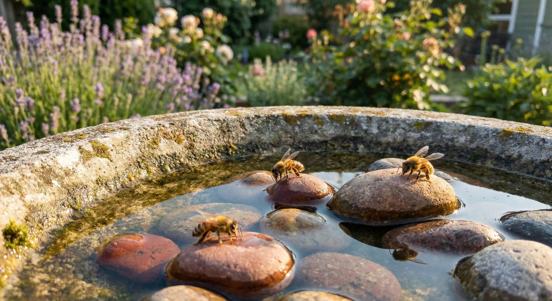 Diagram showing the difference between an unsafe deep bird bath and a bee-safe bird bath with stones