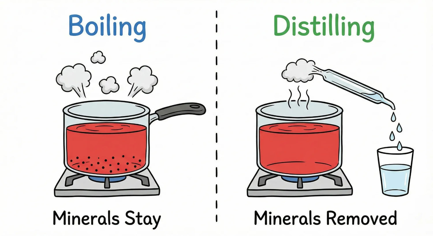 Diagram showing the difference between boiling water and distilled water
