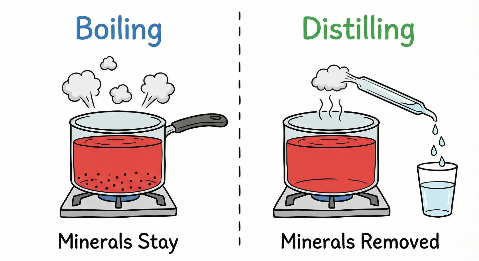 Diagram showing the difference between boiling water and distilled water