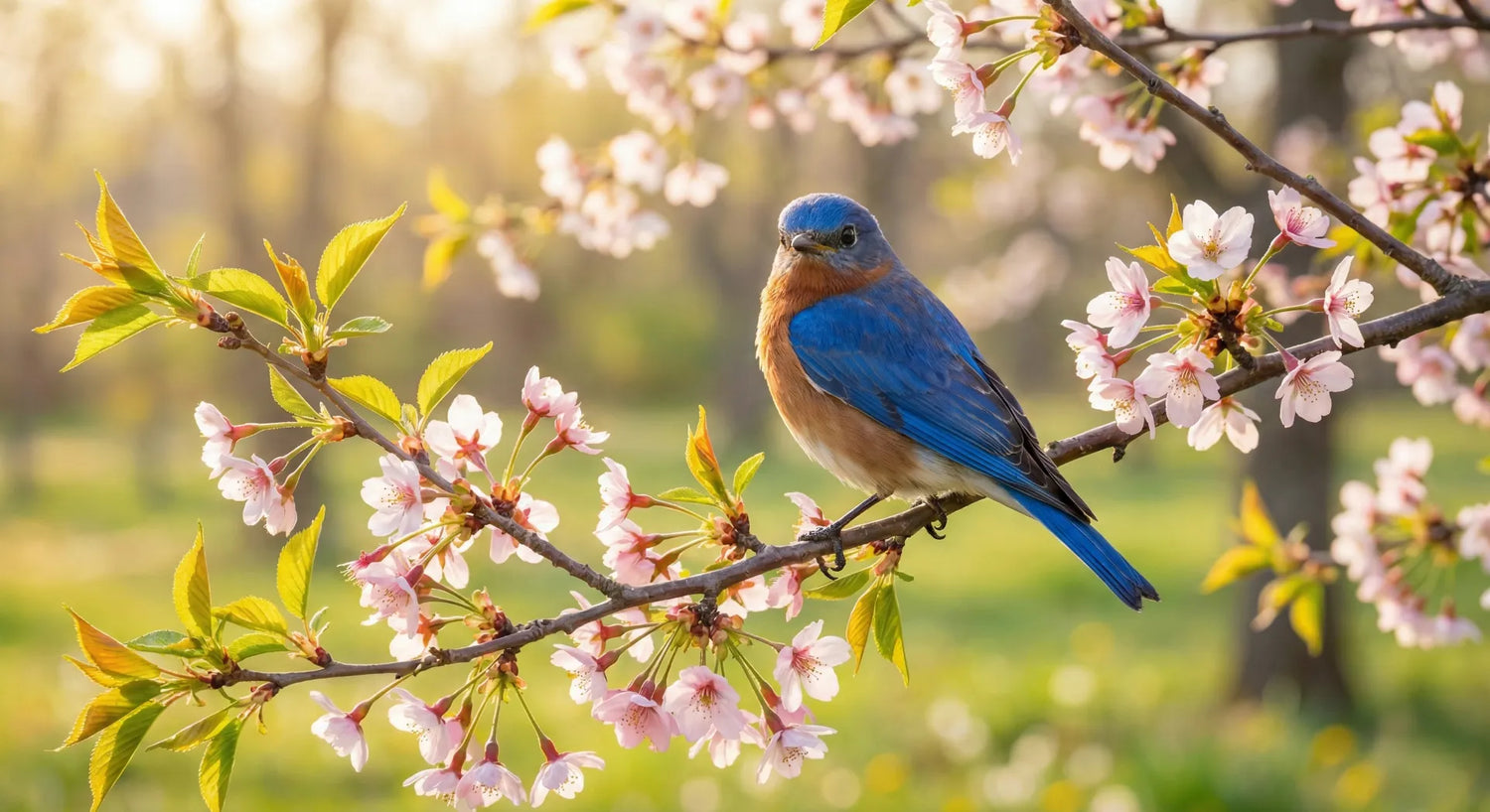 Eastern bluebird on a blossoming branch symbolizing hope and spring