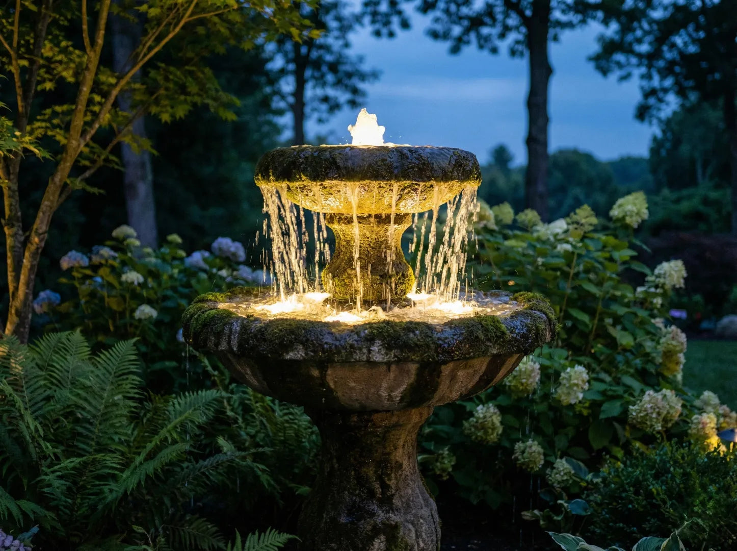 Electric bird bath fountain with LED lights flowing at night.