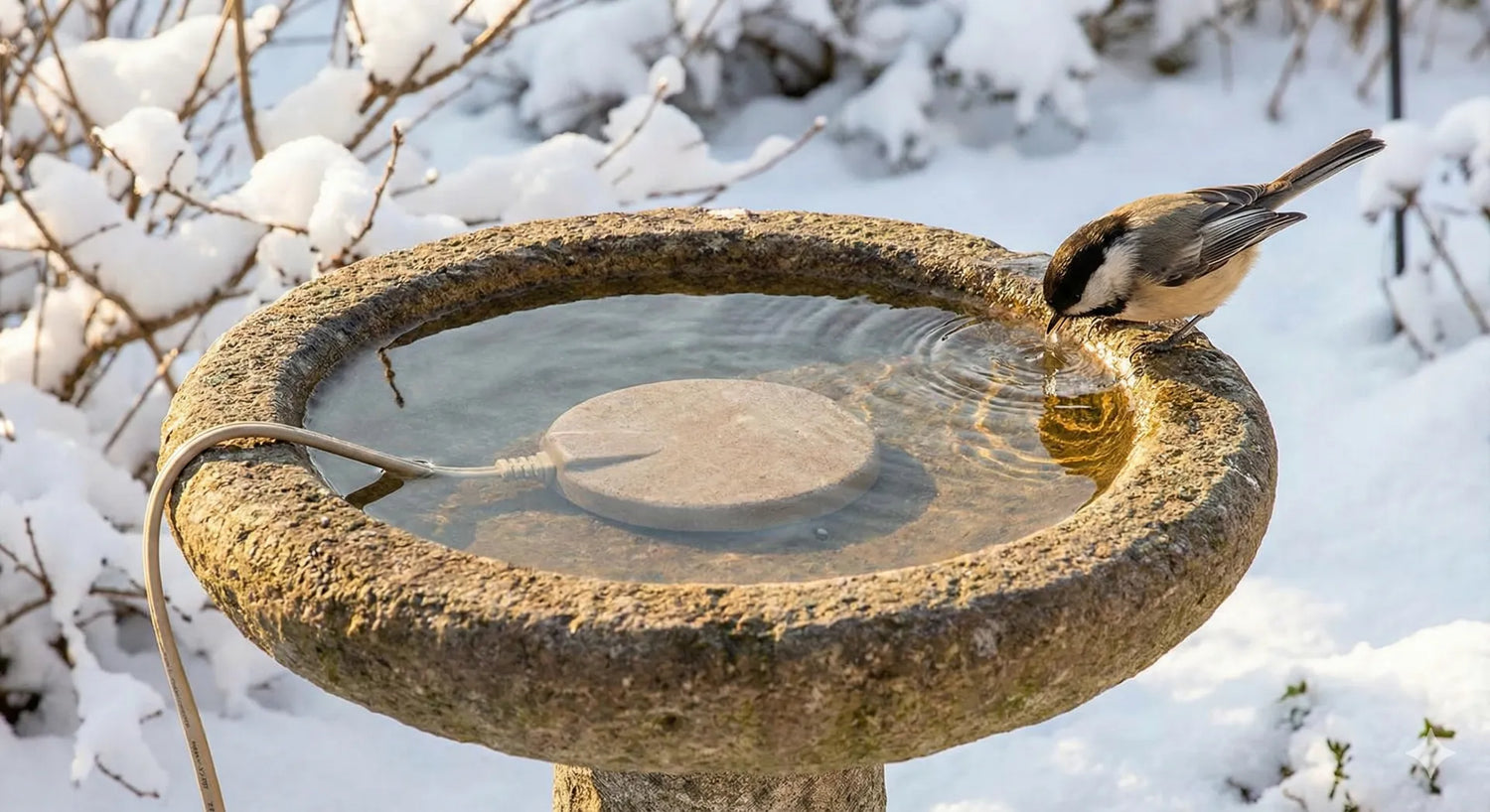 Electric bird bath heater keeping water liquid in a stone basin during winter snow
