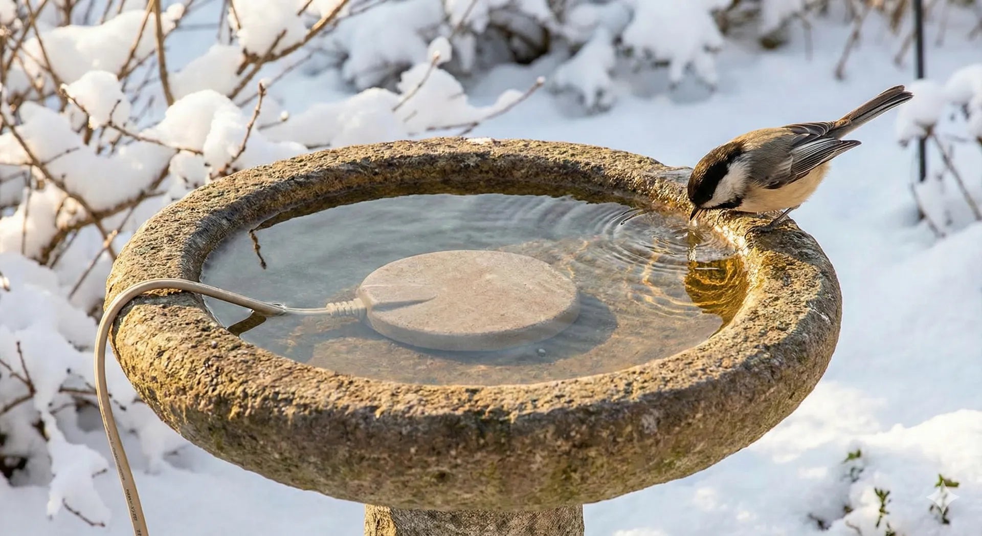 Electric bird bath heater keeping water liquid in a stone basin during winter snow