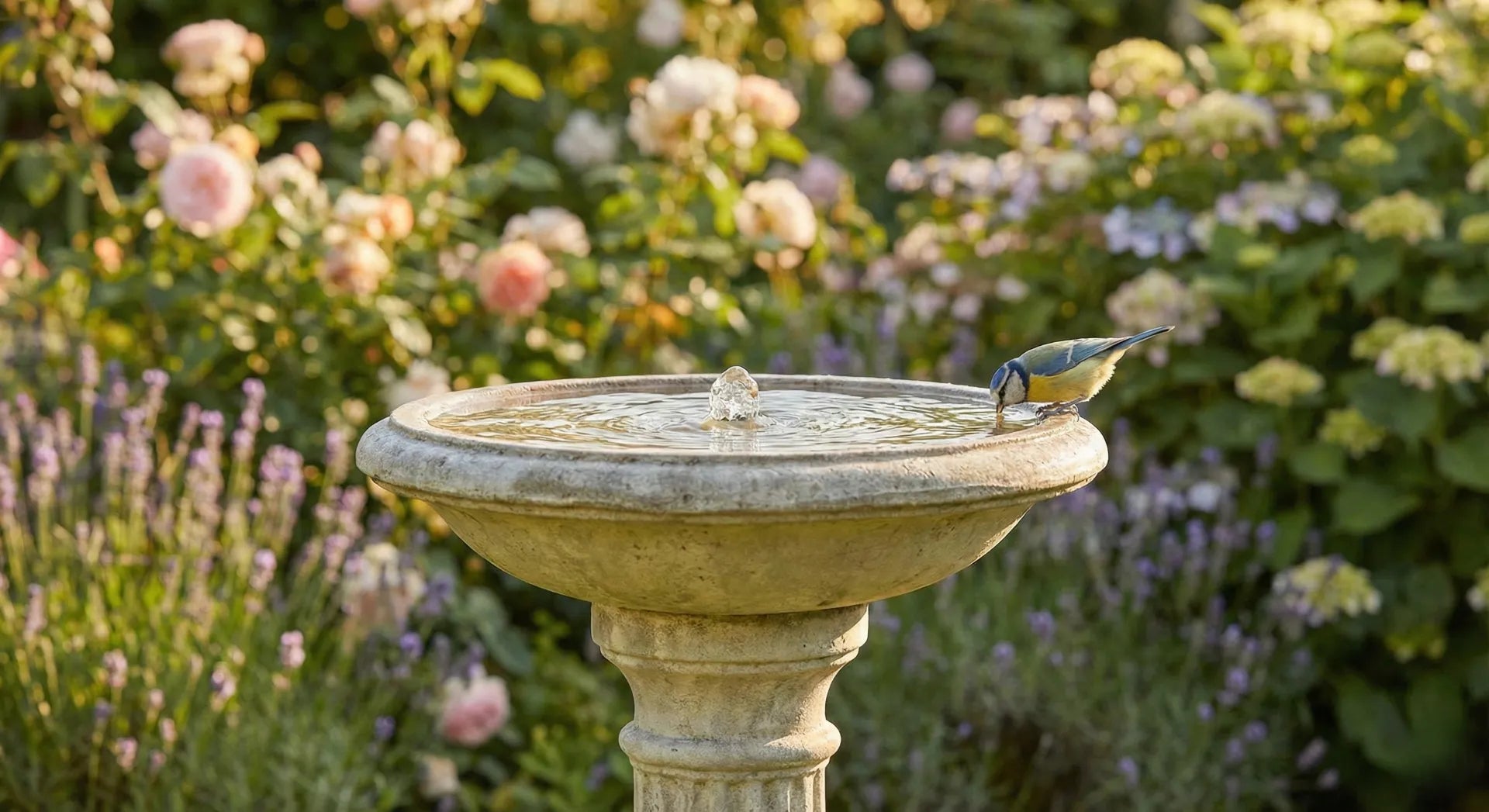 Elegant pedestal bird bath fountain with bubbling water and a small bird drinking in a mosquito-free garden.