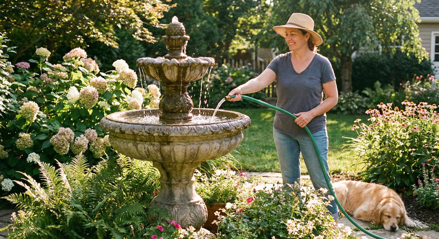 Filling a self-contained outdoor stone fountain with a garden hose; no plumbing required