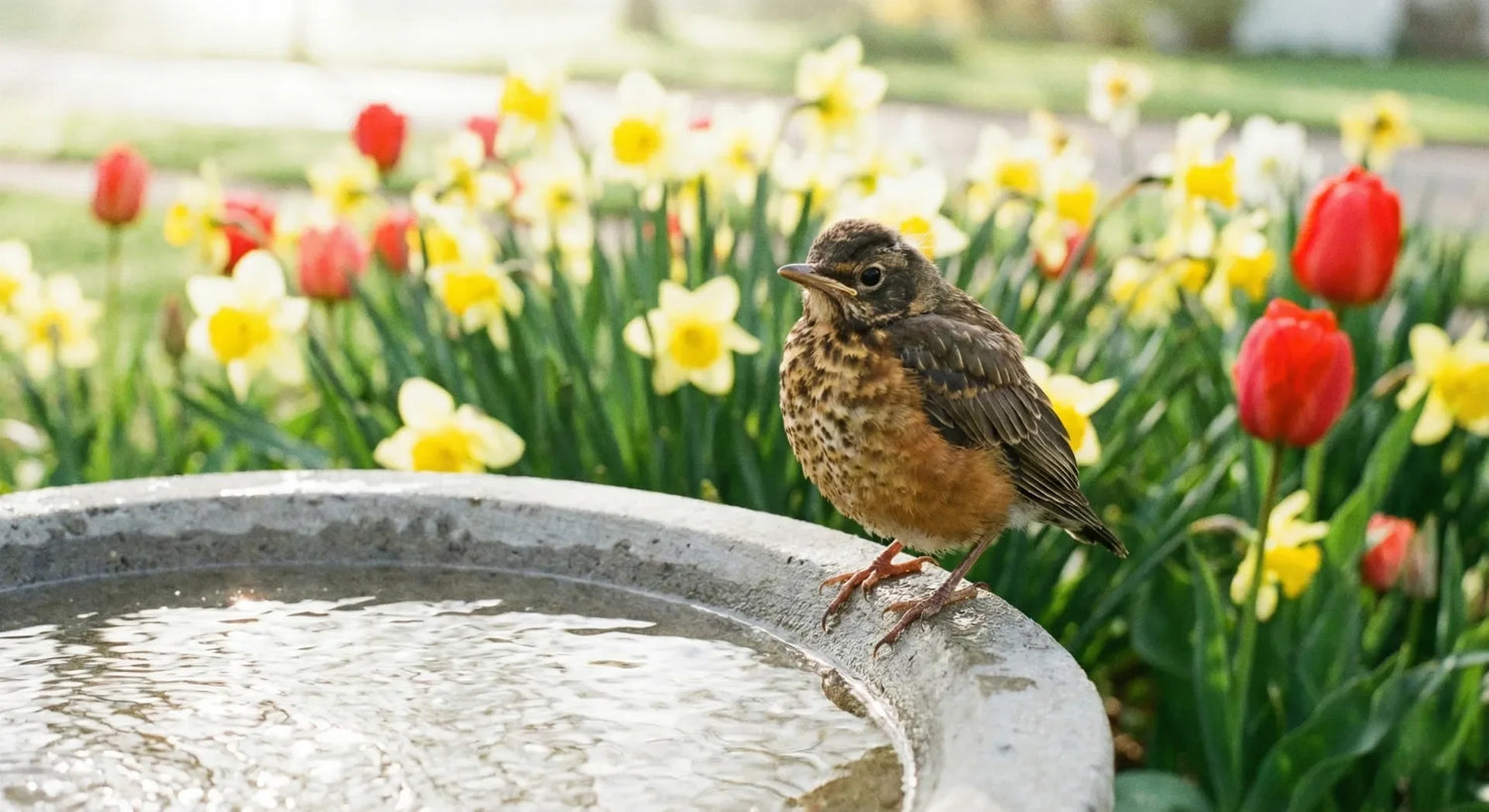 Fluffy baby bird drinking from a clean spring bird bath