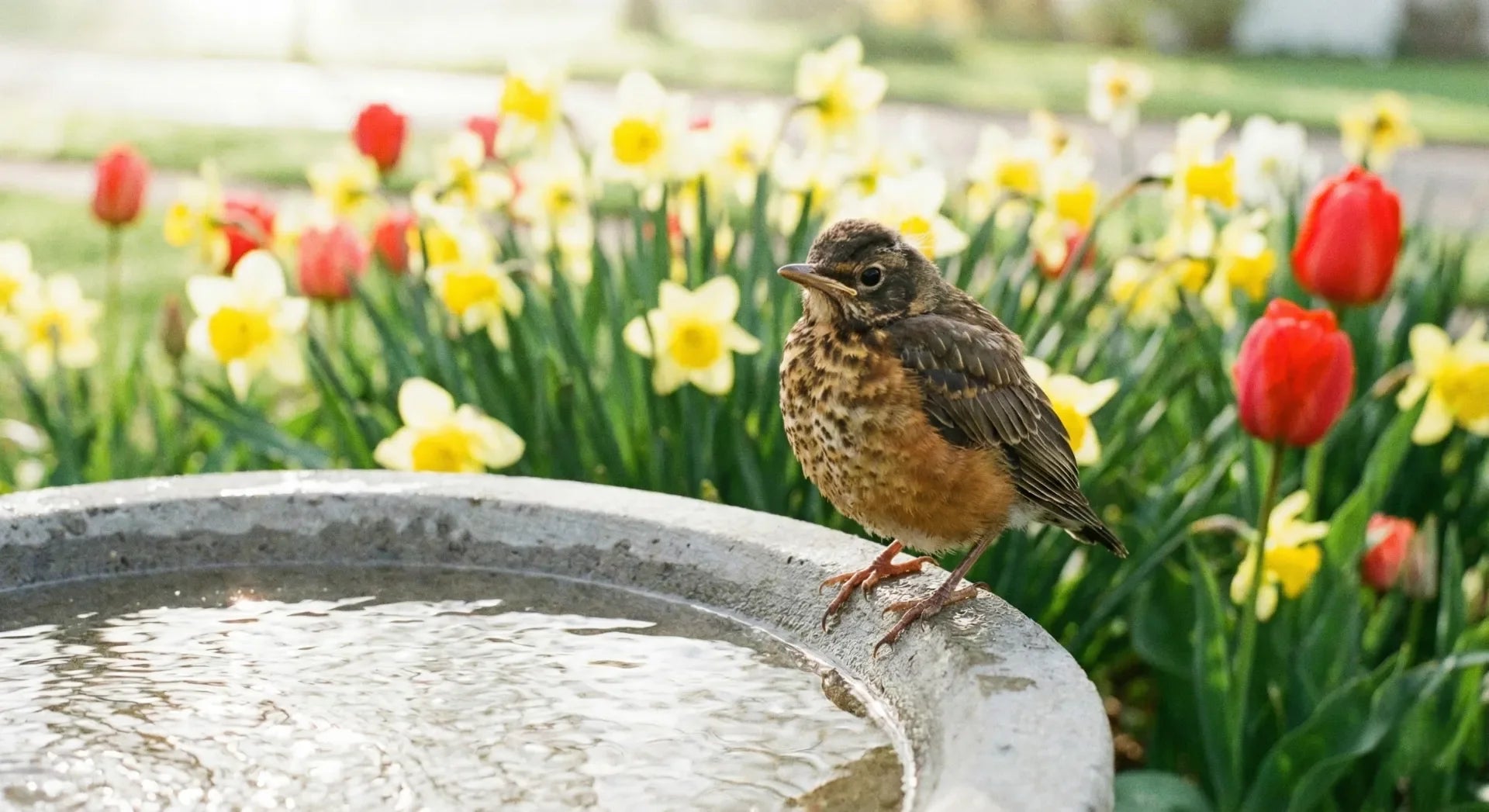 Fluffy baby bird drinking from a clean spring bird bath