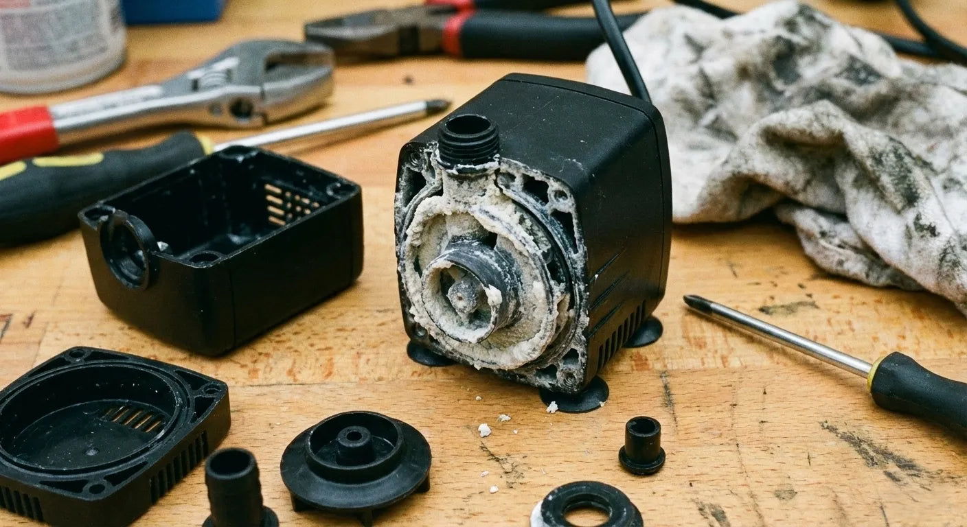 Fountain pump damaged by hard water calcium buildup