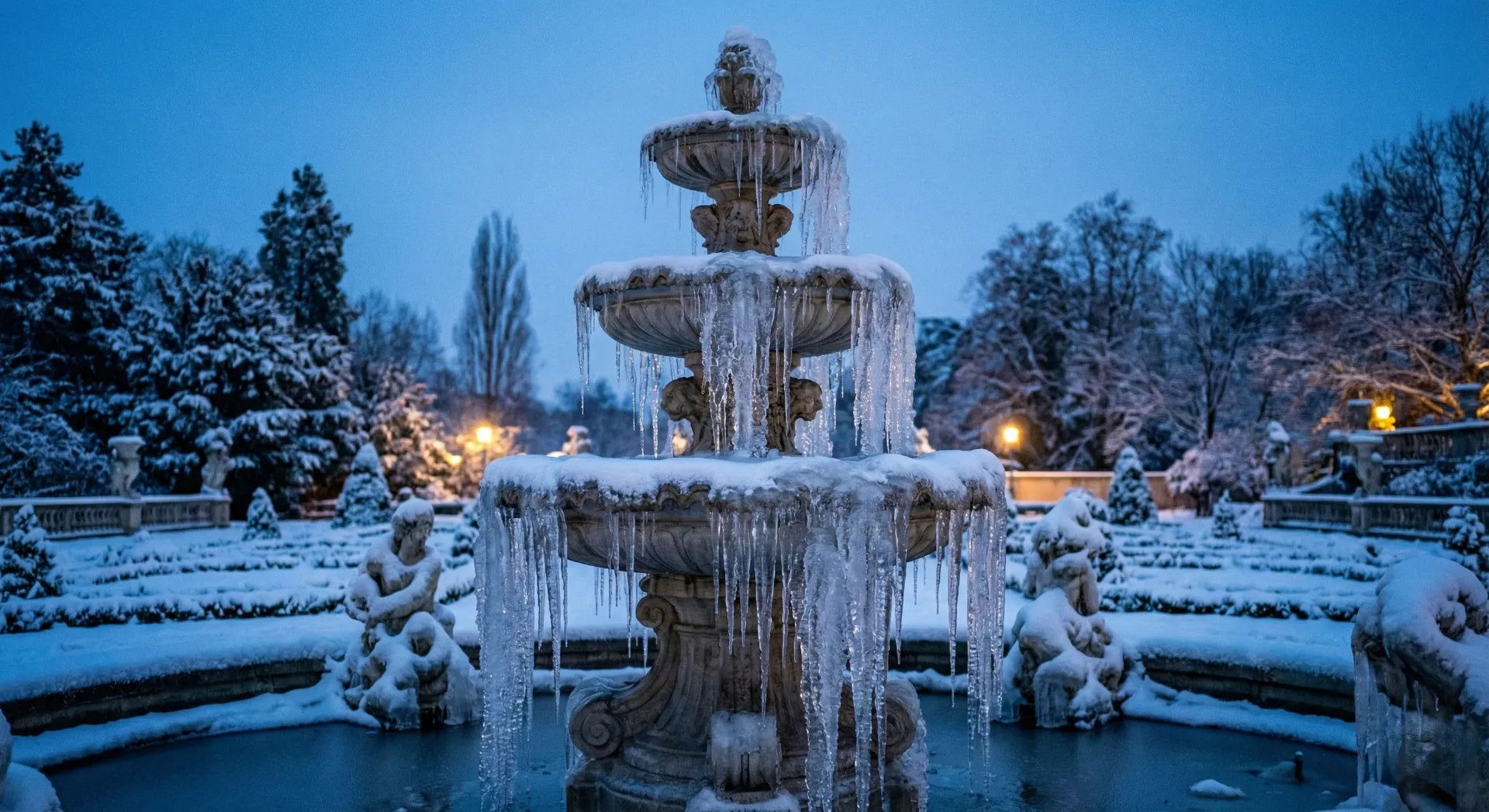 Frozen stone fountain in winter garden at twilight