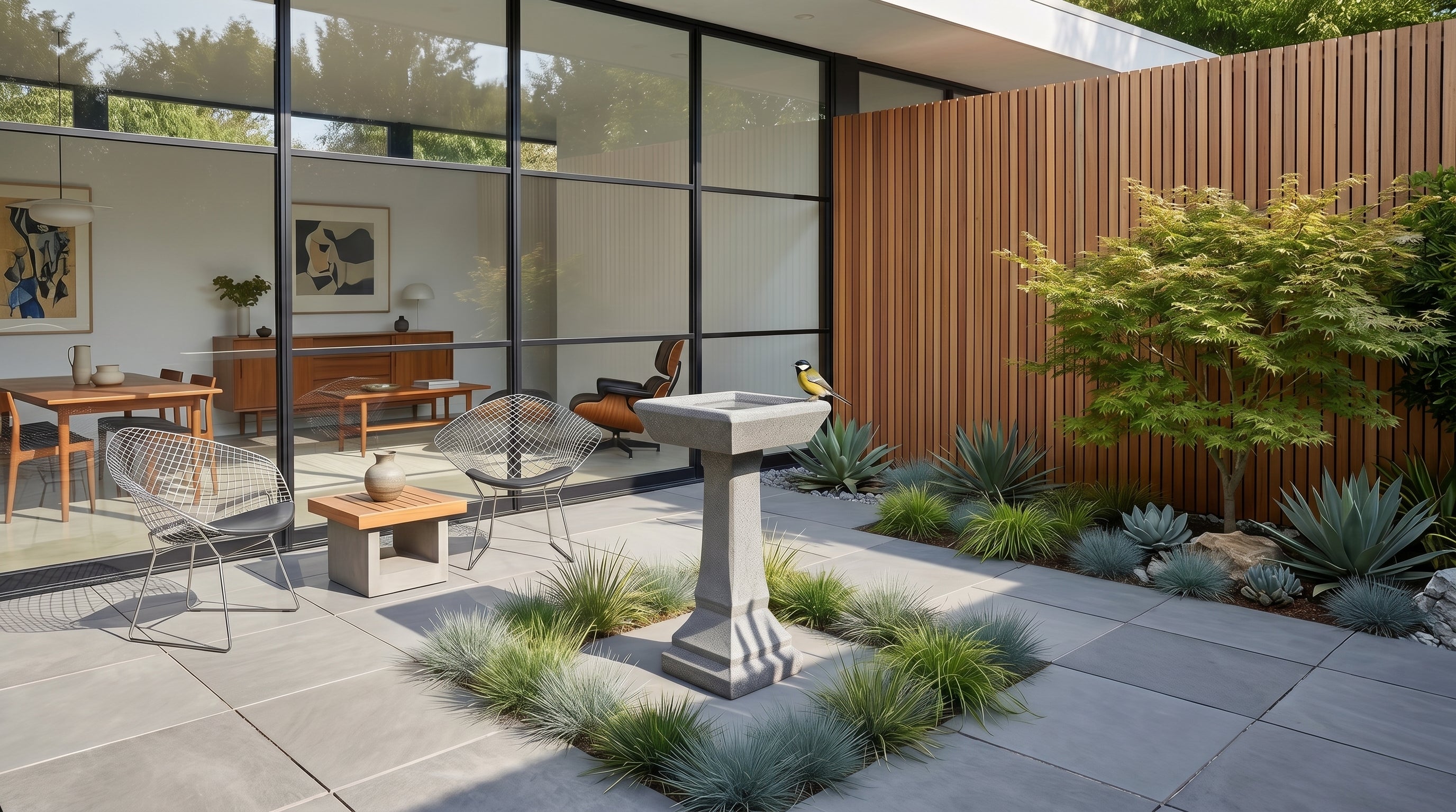 Geometric square granite bird bath on a modern concrete deck, featuring a perched great tit and dramatic architectural railing shadows.