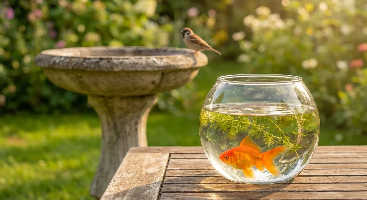 Goldfish in a bowl with a bird bath in the background, showing they belong in different places