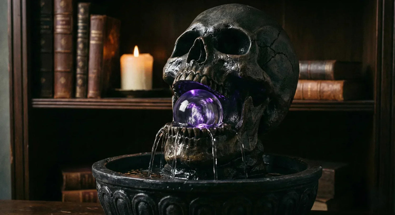 Gothic skull tabletop fountain with glowing spinning orb in a dark room