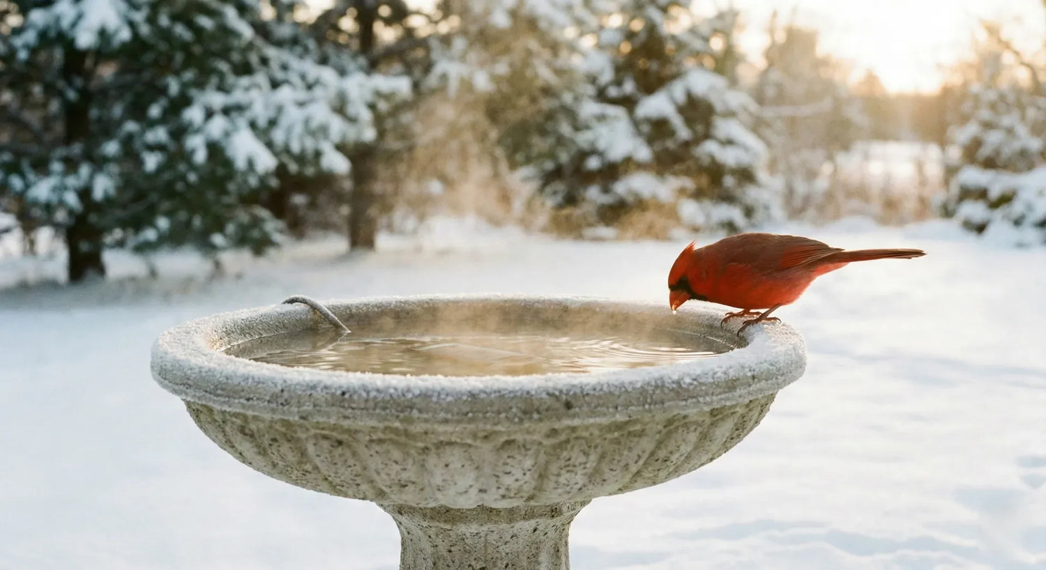 Heated concrete bird bath in winter with a red cardinal drinking fresh water amidst snow.