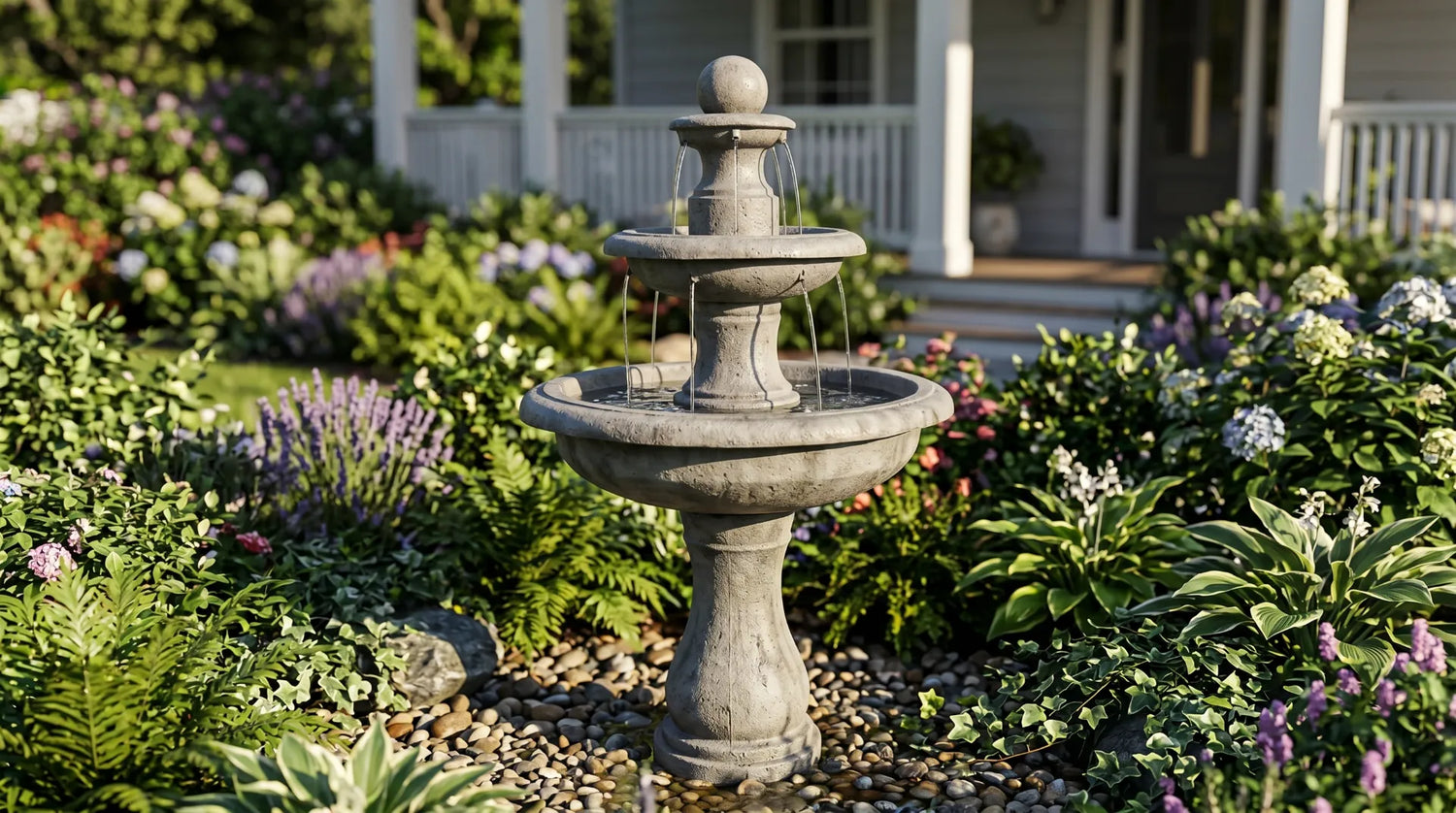 Heavy-duty concrete bird bath fountain in a windy garden environment