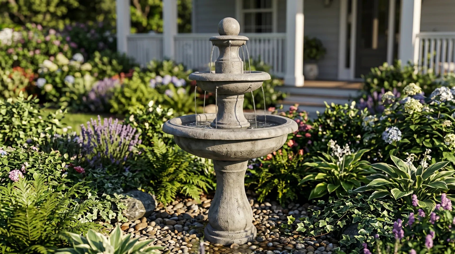 Heavy-duty concrete bird bath fountain in a windy garden environment