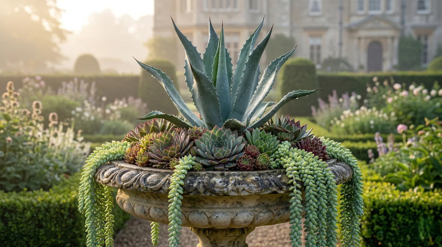High-end botanical art A weathered limestone birdbath repurposed as a thriving succulent garden with Agave, Sempervivum, and cascading Burro's Tail in a misty English garden at golden hour.