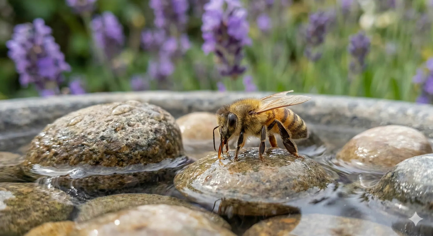 Honey bee drinking from pebble island in bird bath.