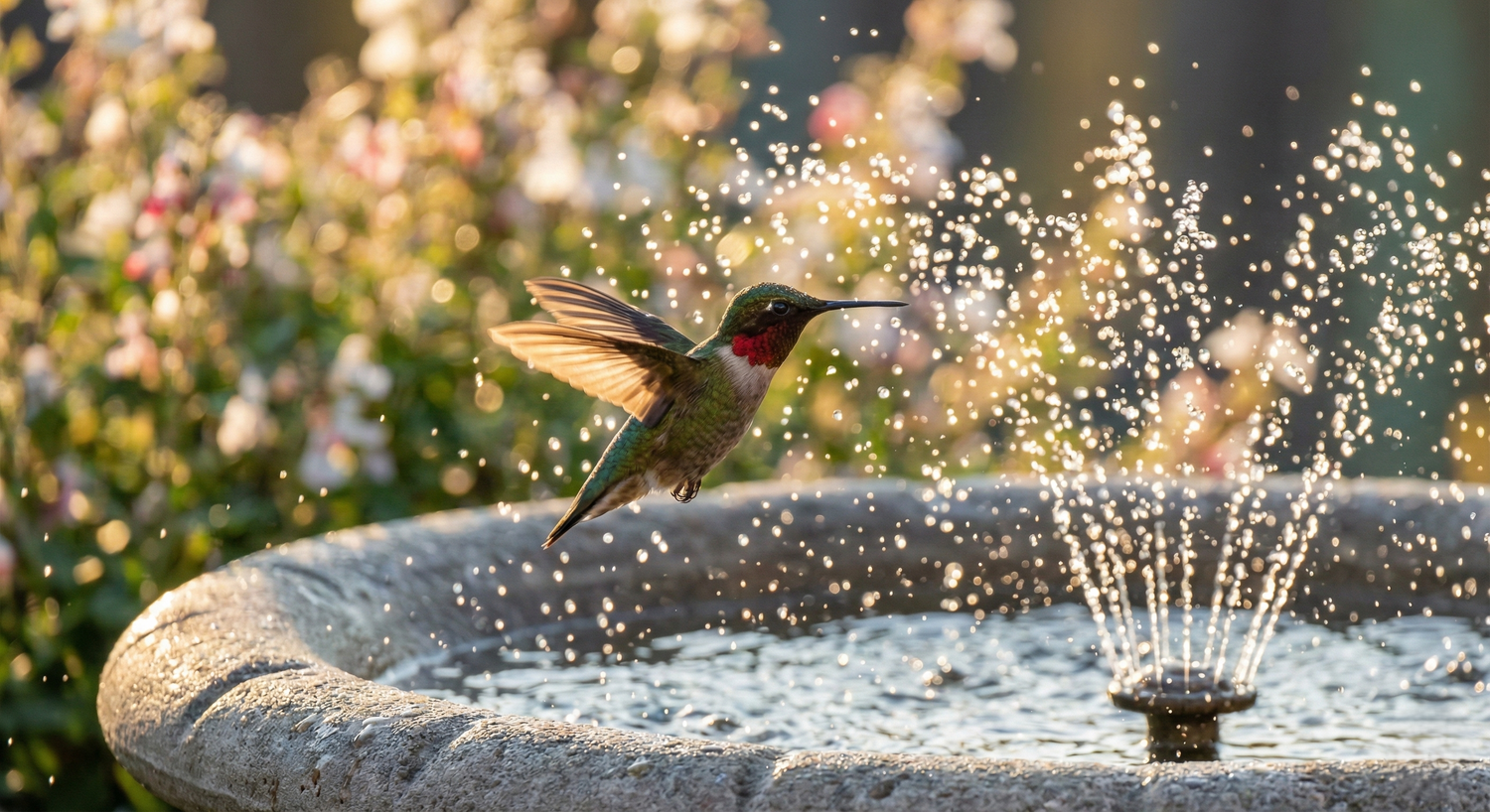 Hummingbird bathing in the mist of a fountain