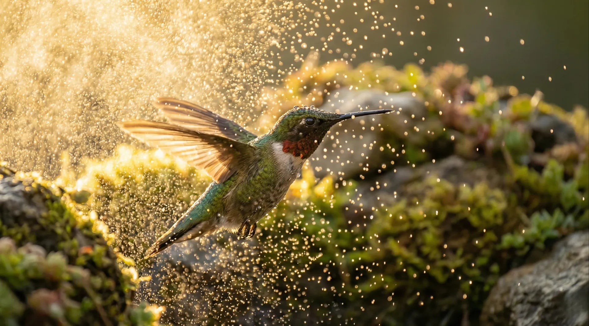 Hummingbird thermoregulation using water mist fountain.