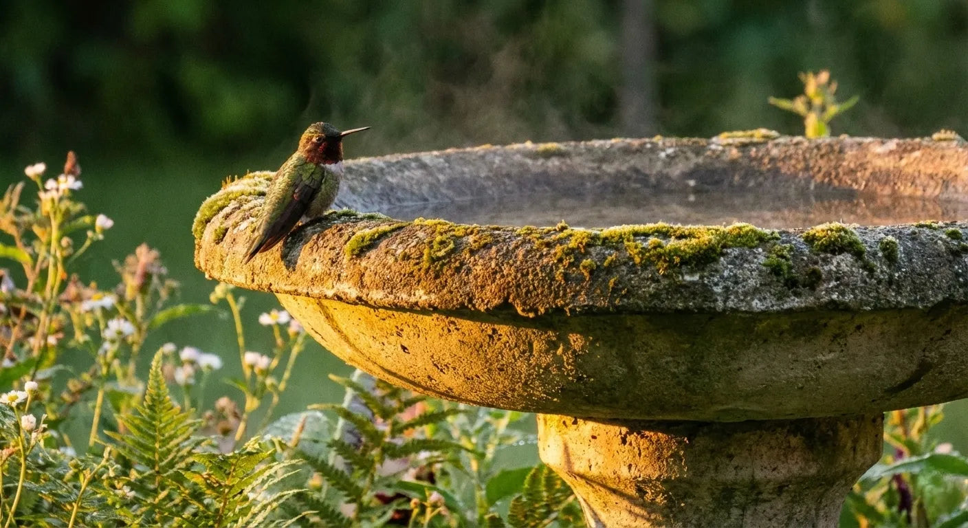 Hummingbird warming up on a concrete bird bath rim in the morning