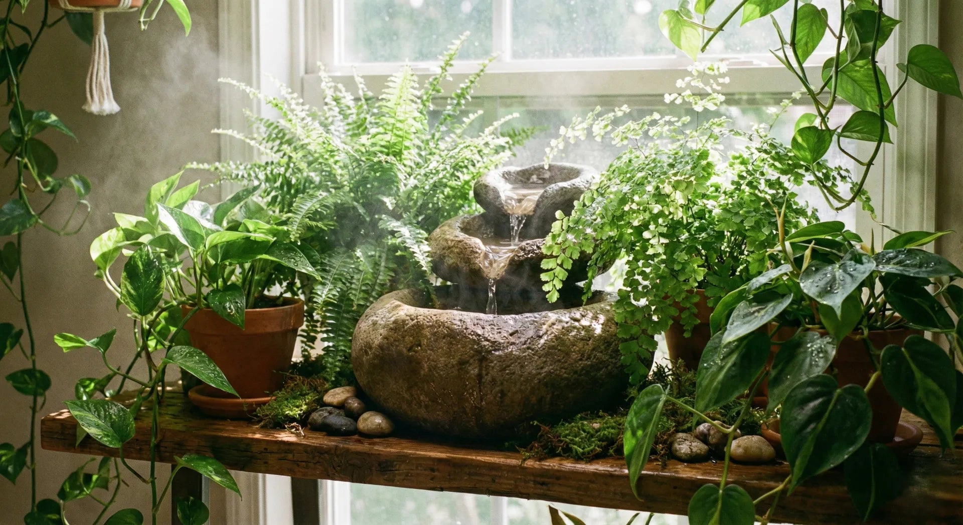 Indoor plants arranged around a tabletop fountain for humidity