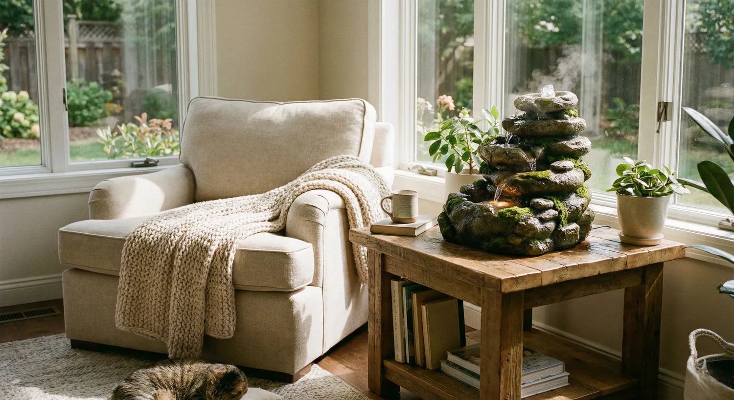 Indoor rock fountain placed in a cozy living room for stress relief