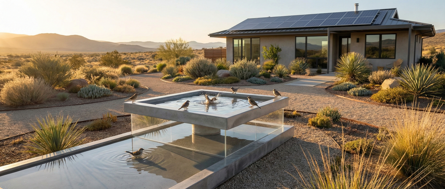 Innovative eco-friendly front yard design with a minimalist stone and glass birdbath, drought-resistant plants, and warm sunset lighting.