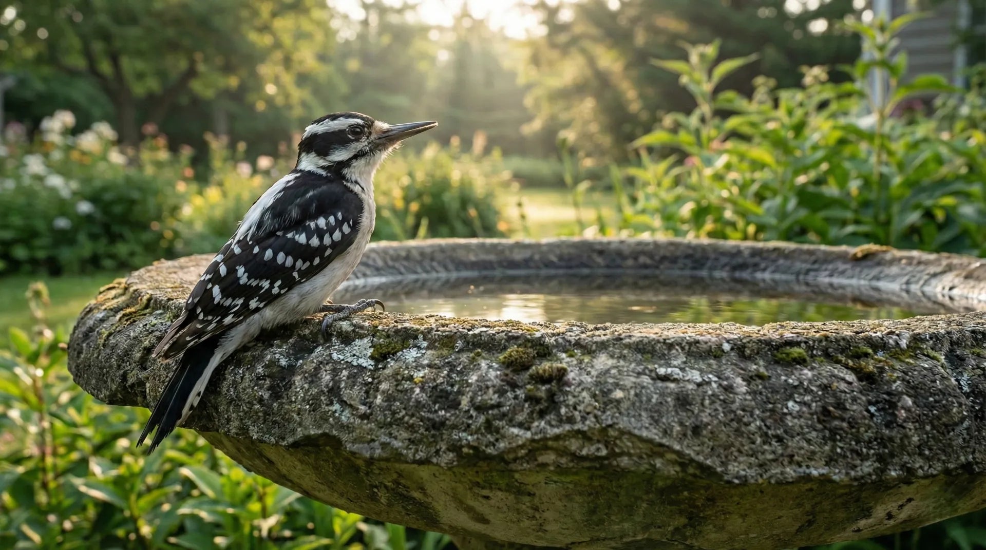 Large Hairy Woodpecker perched on a stable concrete bird bath in a garden.