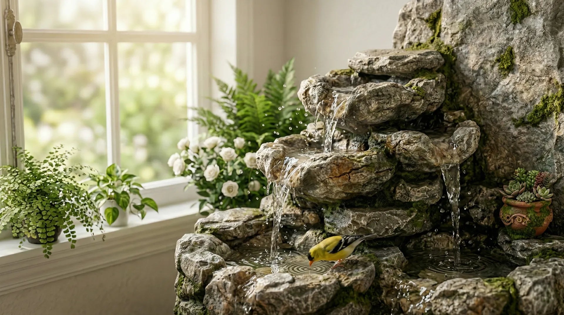 Macro view of a Nature & Rustic resin rock water fountain with cascading water and a small colorful bird, showcasing the healing flow of bird baths and water fountains.