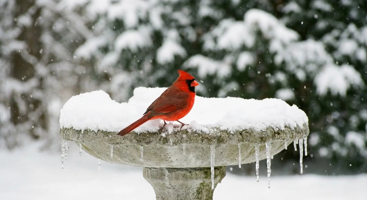 Male Northern Cardinal on a snowy bird bath, resembling a Christmas card scene